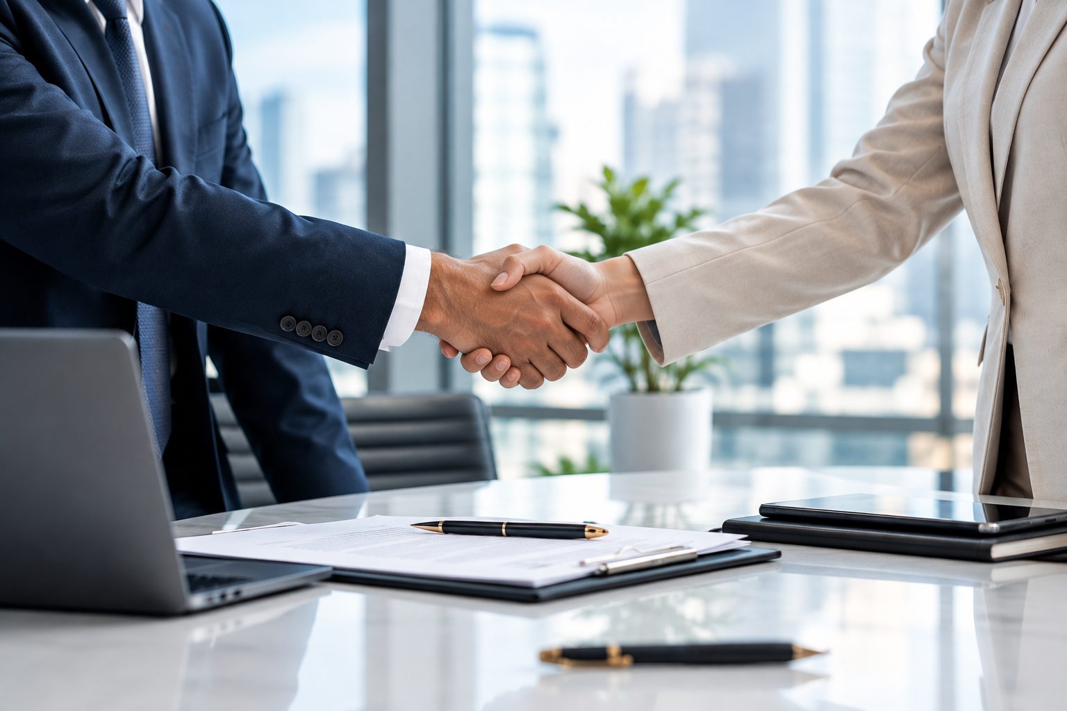 Two professionals shaking hands across a boardroom table